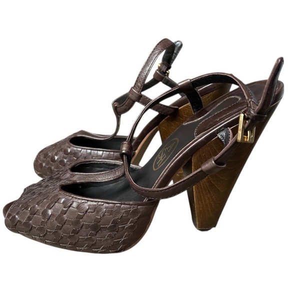 Ash Brown Leather Peep Toe Heels, Woven Details 40 - Picture 2 of 6